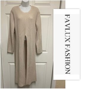 Favlux Ivory Knit Cable Hollow Out Irregular Cut Hem Split Sweater Dress